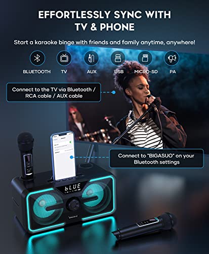 BIGASUO Karaoke Machine with 2 Wireless Microphones