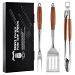 Heavy-Duty Wooden BBQ Tool Set with Spatula, Fork, Tongs