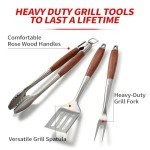 Heavy-Duty Wooden BBQ Tool Set with Spatula, Fork, Tongs