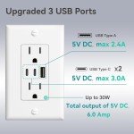 Amico 6.0A USB 3-Port Wall Outlet - White
