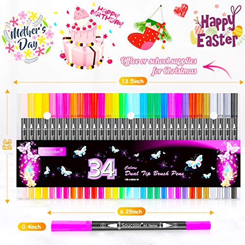 Soucolor Dual Tip Art Markers - 34 Colors