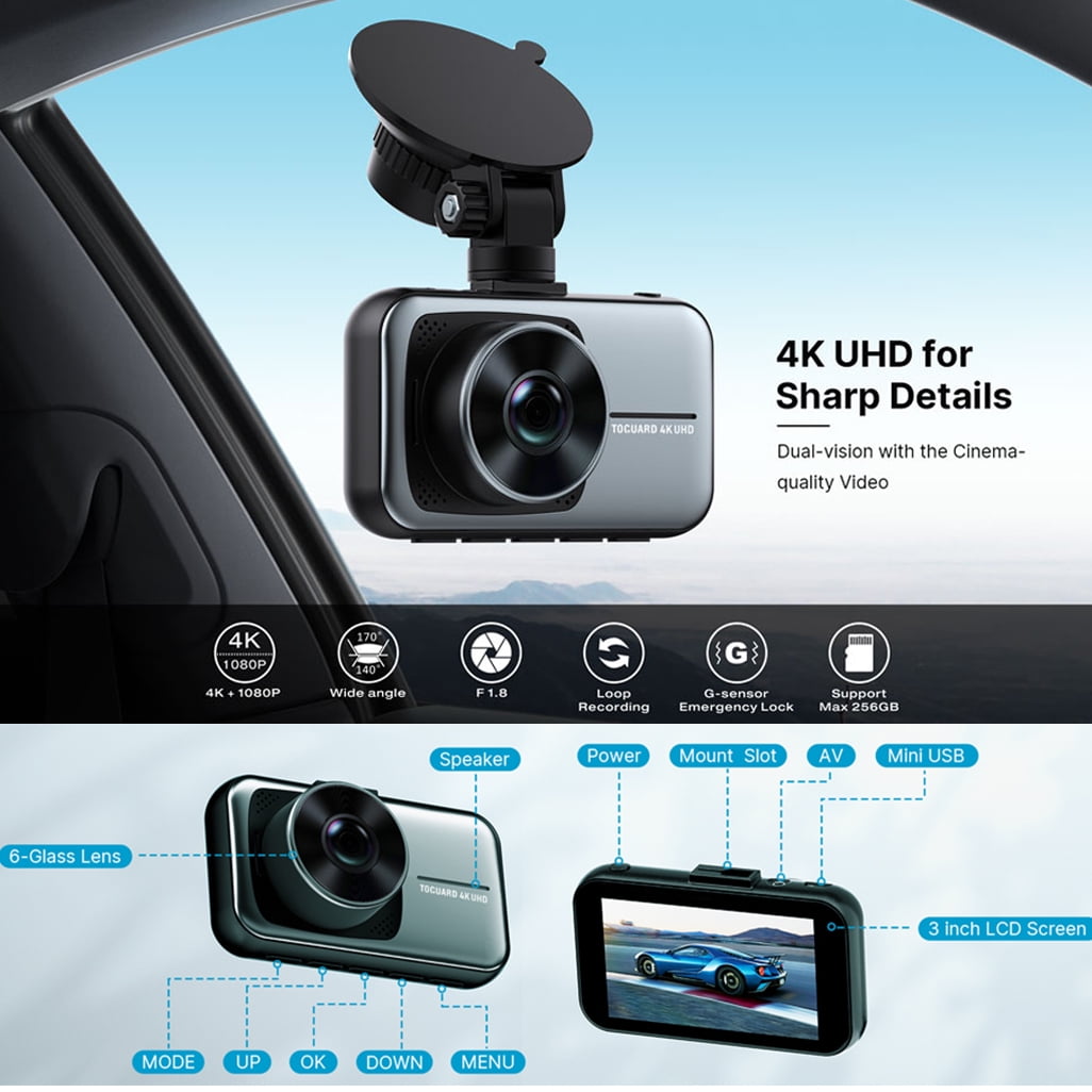 Toguard 4K Dual Dash Camera with 3-Inch LCD