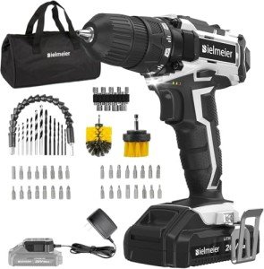 Bielmeier 20V MAX Cordless Drill Set – 285 In-lb Torque,2 Variable Speed,64+1 Position,3/8" Keyless Chuck,Drill Machine Includes 2 Brushes,Flex Shaft,Cloth Bag & 58 Drill Bits(Black)