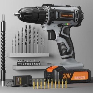 Cordless Drill Set 20V, Electric Drill with 42pcs Accessories and Battery 2.0Ah, Power Drill 25+1 Torque, 2 Speed, 3/8 Inch Keyless Chuck, LED Light, Power Tool Set for Home DIY and Garden Repair