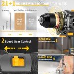 AwxryoX Brushless Compact Drill Tool Set, 60N.m 20V Cordless Drill Tool Box with 2 Battery, 135Pcs Man Household Tool Set with DIY Hand Tool Kits, 531 In-lb Tool Set with Drill for Daily Home Repair