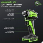 Greenworks 24V Brushless Cordless Impact Driver Kit, 1950 in./lbs Torque, 1/4'' Hex Collet, Variable Speed, 2×2Ah Batteries with 2A Charger, LED Light, 8pcs Drill/Driver Bits with Tool Bag