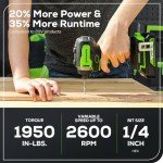 Greenworks 24V Brushless Cordless Impact Driver Kit, 1950 in./lbs Torque, 1/4'' Hex Collet, Variable Speed, 2×2Ah Batteries with 2A Charger, LED Light, 8pcs Drill/Driver Bits with Tool Bag