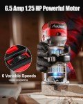 AVID POWER 6.5 Amp 1.25 HP Compact Router Tools for Woodworking, Fixed Base Wood Router with Trim Router Bits, 6 Variable Speeds, Edge Guide, Roller Guide, Dust Hood (Red, 65mm)