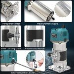 TwoWin Router Tool, 110V 800W Compact Wood Router Tool for Woodworking, Electric Hand Trimmer 1/4" Collets Palm Wood Router Tools Laminate Trimmer + Tungsten Carbide Router Bits 15-Piece Set