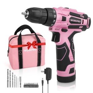WORKPRO Pink Cordless Drill Driver Set, 12V Electric Screwdriver Driver Tool Kit, 3/8" Keyless Chuck, Charger and Storage Bag Included - Pink Ribbon