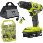 Drill Set Bundle with Ryobi 18V Cordless Drill, 1.5 Ah Lithium-ion Battery, 18-Volt Battery Charger, 40 Piece Multipurpose Drill Bits, and Buho 16 Inch Tool Bag with Outside Pockets