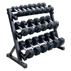 Rubber Hex Dumbbell Set with Rack, 5-50 lbs