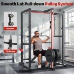 Sportsroyals Power Rack, Multi-Functional Power Cage with LAT Pulldown Pulley System, Squat Rack with More Training Attachments for Home Gym (Red)，1200 lbs Weight Capacity