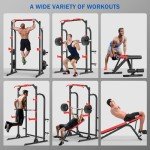 SunHome Power Cage Squat Rack with Bench, Multi-Functional Power Rack with J-Hooks, Dip Handles, Weight Plate and Olympic Bar Storage Home Gym