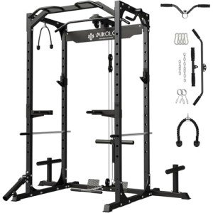 Mikolo Power Cage, Power Rack with LAT Pulldown, 1200 Pounds Capacity Workout Cage with More Training Attachments, Squat Rack for Home Gym, Black
