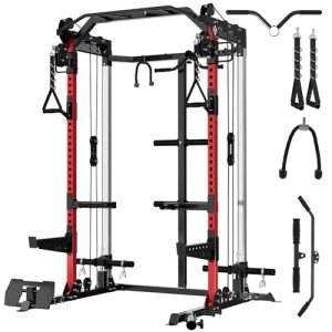 Mikolo Power Cage, 2000LB Power Rack with Independent Dual Pulley System, Multi-Function Home Gym Workout Machine for Cable Crossover (Red)