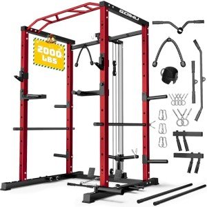 Goimu Power Cage, 2000LBS Squat Rack with LAT Pulldown, Adjustable Power Rack Home Gym Machine for Full Body Training, Workout Cage with Multi-Function Attachments (GM1 Power Cage)