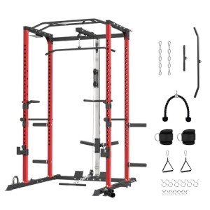 FAGUS H Power Cage, Multi-Functional Power Rack with LAT Pulldown, Seated Row, Cable Pulley System, J-Hooks, Dip Bars, Landmine, Squat Rack with Full Body Exercise Attachments for Home Gym, Red