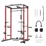 FAGUS H Power Cage, Multi-Functional Power Rack with LAT Pulldown, Seated Row, Cable Pulley System, J-Hooks, Dip Bars, Landmine, Squat Rack with Full Body Exercise Attachments for Home Gym, Red