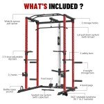 FAGUS H Power Cage, Multi-Functional Power Rack with LAT Pulldown, Seated Row, Cable Pulley System, J-Hooks, Dip Bars, Landmine, Squat Rack with Full Body Exercise Attachments for Home Gym, Red