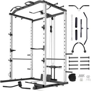 VANSWE Power Cage with LAT Pulldown Attachment, 1200-Pound Capacity Power Rack Full Home Gym Equipment with Multi-Grip Pull-up Bar, Landmine, T bar and Dip Handle