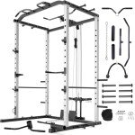 VANSWE Power Cage with LAT Pulldown Attachment, 1200-Pound Capacity Power Rack Full Home Gym Equipment with Multi-Grip Pull-up Bar, Landmine, T bar and Dip Handle