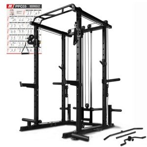 RitFit Multi-Function Power Rack Cage PPC03 with Adjustable Cable Crossover System,1000LBS Capacity, Full Home Gym Workout with J-Hook, Landmine and Other Attachments-Black