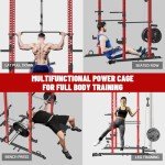FAGUS H Power Cage, Multi-Functional Power Rack with LAT Pulldown, Seated Row, Cable Pulley System, J-Hooks, Dip Bars, Landmine, Squat Rack with Full Body Exercise Attachments for Home Gym, Red