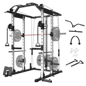 Mikolo Power Cage, Power Rack with Cable Crossover System, 2200 LBS Capacity Squat Rack and Packages with Optional Weight Bench, Olympic Barbell, 260LBS Bumper Weight Set, Red