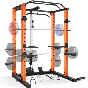 OPPSDECOR Power Cage, 1600LBS Power Rack with LAT Pull Down Pulley System& Cable Row, Weight Cage with More Training Attachments, Multi-Functional Squat Rack for Home Gym System (Pumpkin)