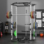 VANSWE Power Cage with LAT Pulldown Attachment, 1200-Pound Capacity Power Rack Full Home Gym Equipment with Multi-Grip Pull-up Bar, Landmine, T bar and Dip Handle