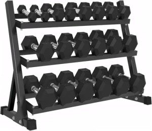 350LB Rubber Hex Dumbbell Set with Rack