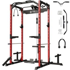 Mikolo Power Cage, Power Rack with LAT Pulldown, 1200 Pounds Capacity Workout Cage with More Training Attachments, Squat Rack for Home Gym, Red