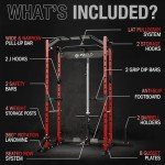 Mikolo Power Cage, Power Rack with LAT Pulldown, 1200 Pounds Capacity Workout Cage with More Training Attachments, Squat Rack for Home Gym, Red