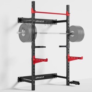 Folding Power Rack, Wall Mounted Squat Rack with Pull Up Bar, 980 Pounds Capacity, with J-Cups, Spotter Arms, Dip Bars, Landmine for Full Body Workout