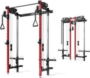 Mikolo Folding Squat Rack, Wall Mounted Power Rack with Cable Crossover Machine & LAT Pull Down, Functional Trainer with 5 Adjustable Function Modes, for Home Gym and Space Saving (Red)