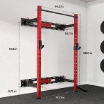 Mappding Folding Squat Rack Wall Mounted, 1100LBS Foldable Squat Power Rack Weight Cage with Pull Up Bar, J-Cups, Landmine and Partable Space Saving Free Standing for Home Gym Garage Workout, Red
