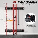 Mappding Folding Squat Rack Wall Mounted, 1100LBS Foldable Squat Power Rack Weight Cage with Pull Up Bar, J-Cups, Landmine and Partable Space Saving Free Standing for Home Gym Garage Workout, Red