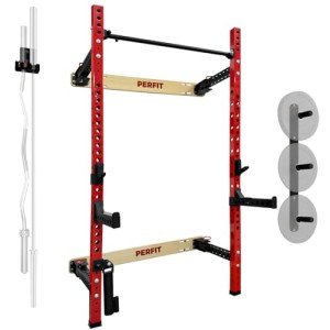 2.36''x 2.36'' Folding Squat Rack Wall Mounted 1100LBS Folding Power Rack Weight Capacity with Pull Up Bar J Hooks Safety Arm and Landmine Wall Squat Rack for Space-Saving Home Gym