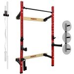 2.36''x 2.36'' Folding Squat Rack Wall Mounted 1100LBS Folding Power Rack Weight Capacity with Pull Up Bar J Hooks Safety Arm and Landmine Wall Squat Rack for Space-Saving Home Gym