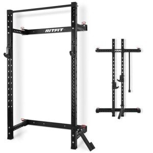 RitFit 2.36'' x 2.36'' Folding Squat Rack for Home Gym, Wall Mounted Squat Rack with Attachments - Space Saving Squat Power Rack, Black