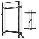 RitFit 2.36'' x 2.36'' Folding Squat Rack for Home Gym, Wall Mounted Squat Rack with Attachments - Space Saving Squat Power Rack, Black