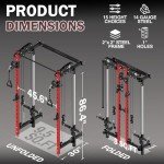 Mikolo Folding Squat Rack, Wall Mounted Power Rack with Cable Crossover Machine & LAT Pull Down, Functional Trainer with 5 Adjustable Function Modes, for Home Gym and Space Saving (Red)