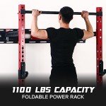 Mappding Folding Squat Rack Wall Mounted, 1100LBS Foldable Squat Power Rack Weight Cage with Pull Up Bar, J-Cups, Landmine and Partable Space Saving Free Standing for Home Gym Garage Workout, Red