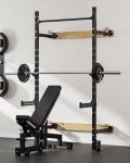 Liksodo Folding Wall Mounted Squat Rack, Foldable Power Squat Rack with Pull Up Bar, J Hooks, Landmine, Spotter Arms, Space Saving Multi-Functional Squat Rack for Home Gym Workout, 1100 LBS, Black