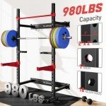 ARMAC Folding Wall Mounted Squat Rack, Foldable Power Rack with Pull Up Bar, 980 Pounds Capacity, with J-Cups, Spotter Arms, Dip Bars, Landmine for Full Body Workout