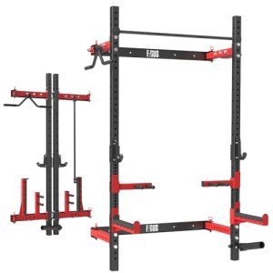 Fagus H 2.36'' x 2.36'' Folding Squat Rack Wall Mounted with Adjustable Pull-Up Bar, J-Hooks,Safety Arm,Dipping bar and Partable Space Saving Free Standing, Red