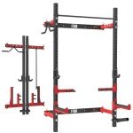 Fagus H 2.36'' x 2.36'' Folding Squat Rack Wall Mounted with Adjustable Pull-Up Bar, J-Hooks,Safety Arm,Dipping bar and Partable Space Saving Free Standing, Red
