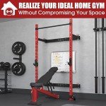 Mikolo Wall Mounted Squat Rack, Folding Power Rack with Lat Pulldown & Cable Crossover System, Power Cage with Pulley System and Training Attachments for Home Gym, Weight Capacity 1450LBS(Red)