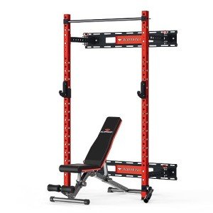 Mappding 2.36'' x 2.36'' Folding Wall Mounted Squat Rack, 1100 Pounds Capacity Power Rack with Weight Bench, Pull Up Bar, J Hooks and Other Attachments, Space-Saving Home Gym